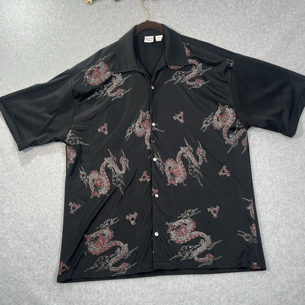 Vintage Anchor Blue Y2K Dragon Shirt Black Pearl button XL Made USA 90s